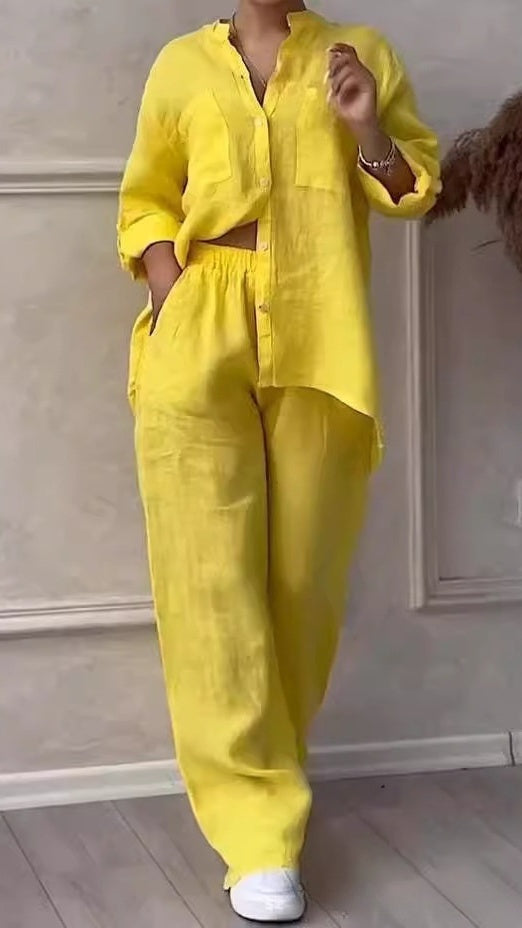 Women’s Casual Cotton-Linen Solid-Color Shirt & Drawstring Wide-Leg Pants Two-Piece Set