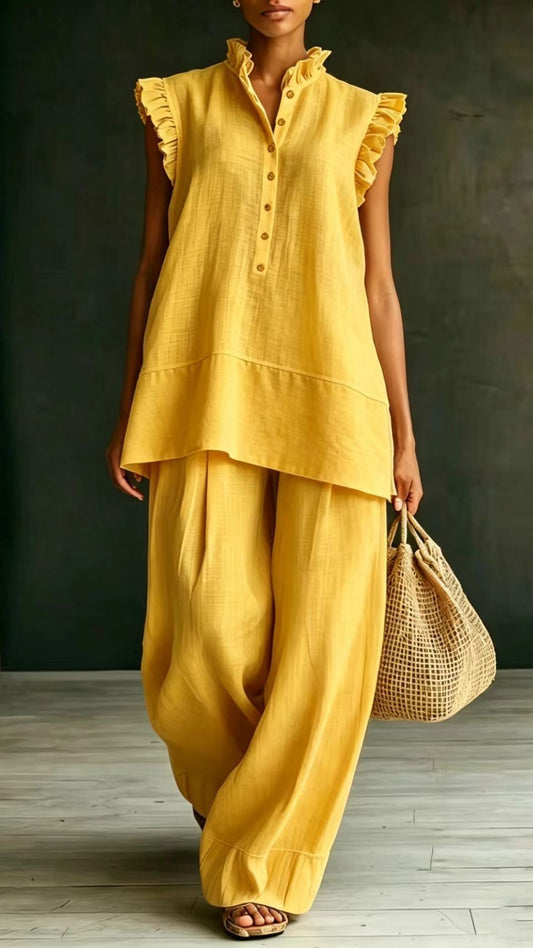 Women’s Ruffled Sleeveless Shirt and Loose-Fit Trousers Two-Piece Set