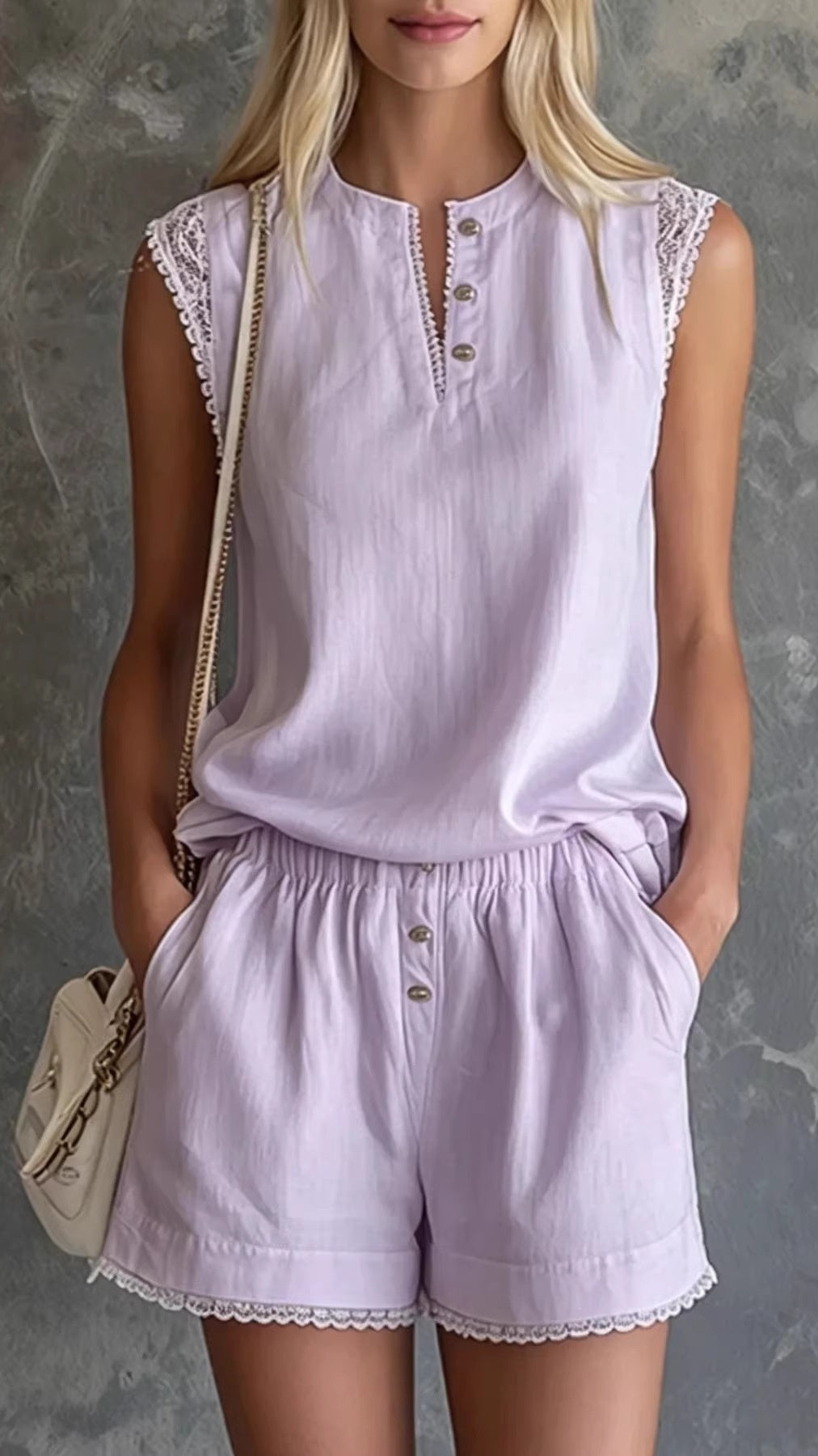 Women’s Solid-Color V-Neck Button-Front Short-Sleeve & Shorts Casual Two-Piece Set