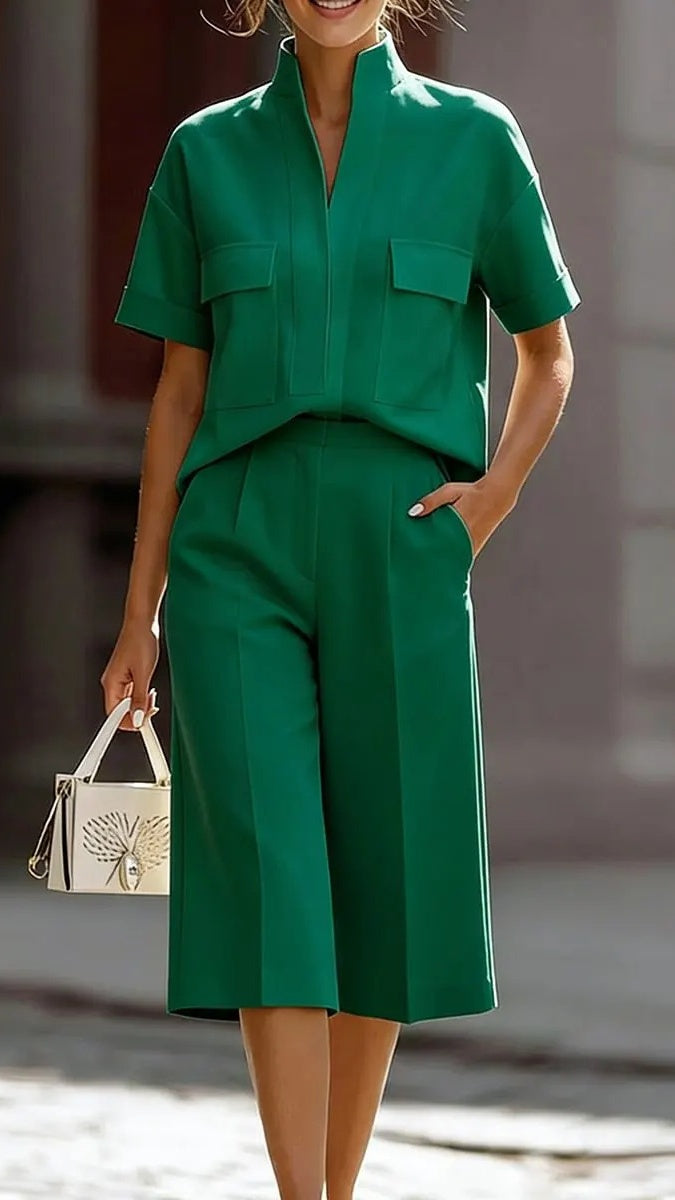 Women’s Casual Loose-Fit Solid-Color Two-Piece Set with Pockets