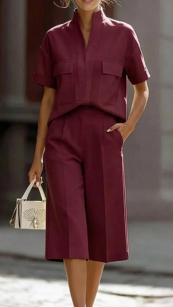 Women’s Casual Loose-Fit Solid-Color Two-Piece Set with Pockets