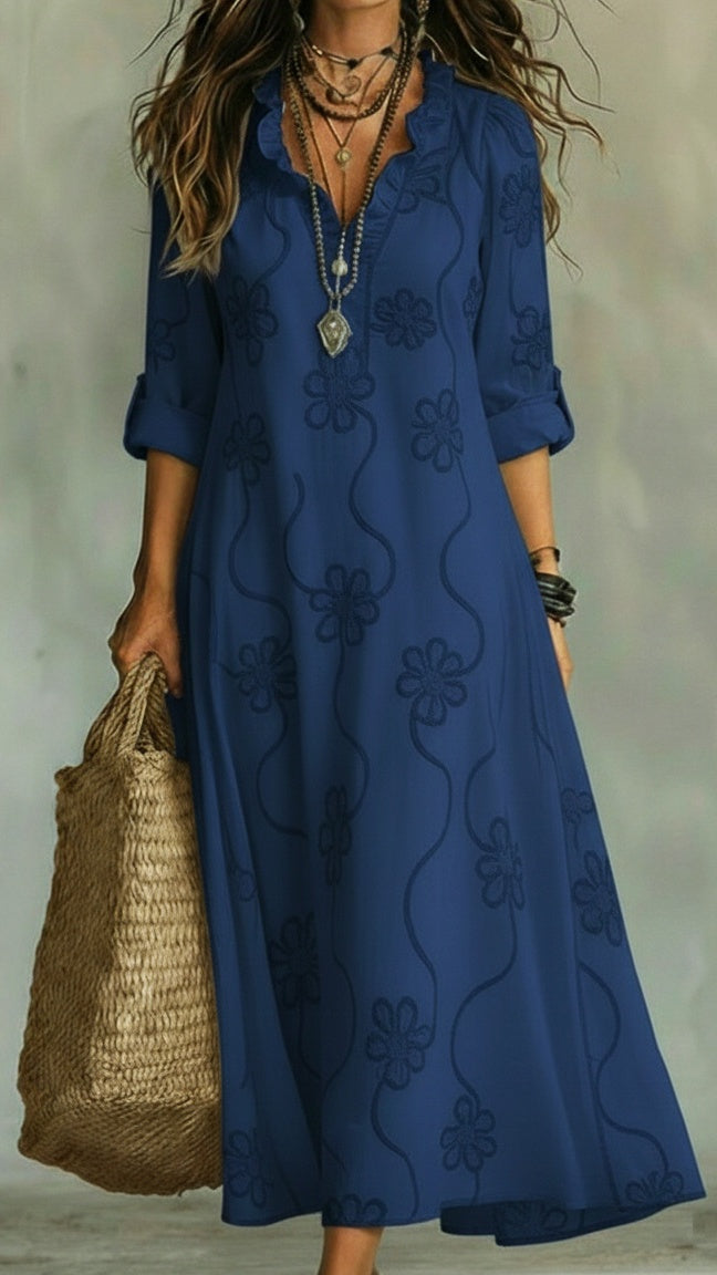 Women’s Vintage Floral A-Line Dress with Ruffled Collar