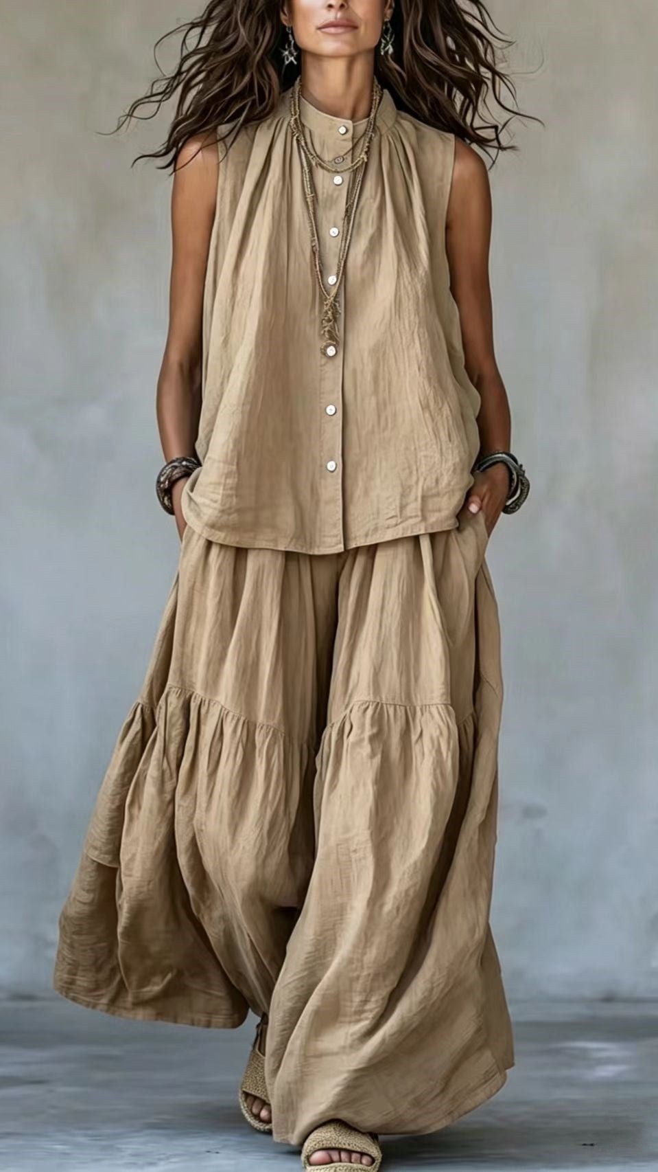 Women’s Two-Piece Set: Stand-Collar, Sleeveless Top with Front Placket & Wide-Leg Pants