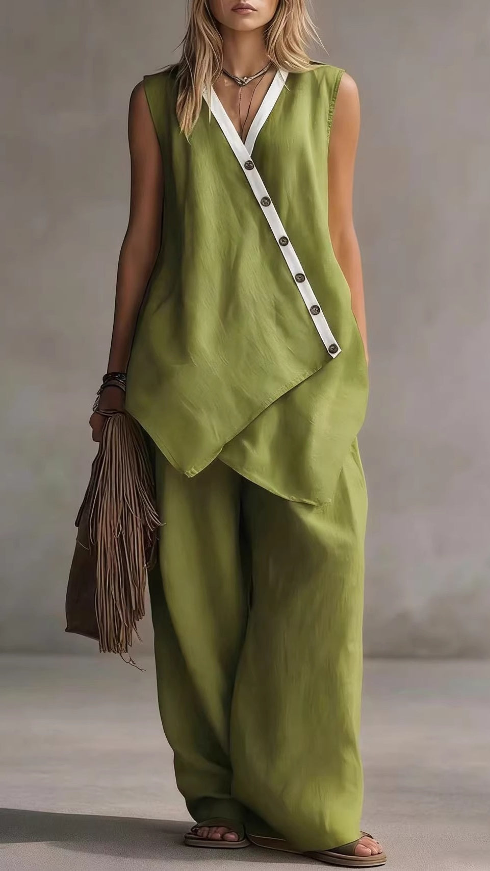 Women’s V-Neck Sleeveless Wide-Leg Pants Two-Piece Set with Asymmetrical Buttons