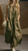 Women’s Loose-Fit, Simple, Sleeveless Cotton-Linen Dress with Pockets