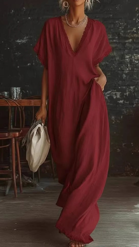 Women’s Lace-Trimmed V-Neck Loose-Fit Dress
