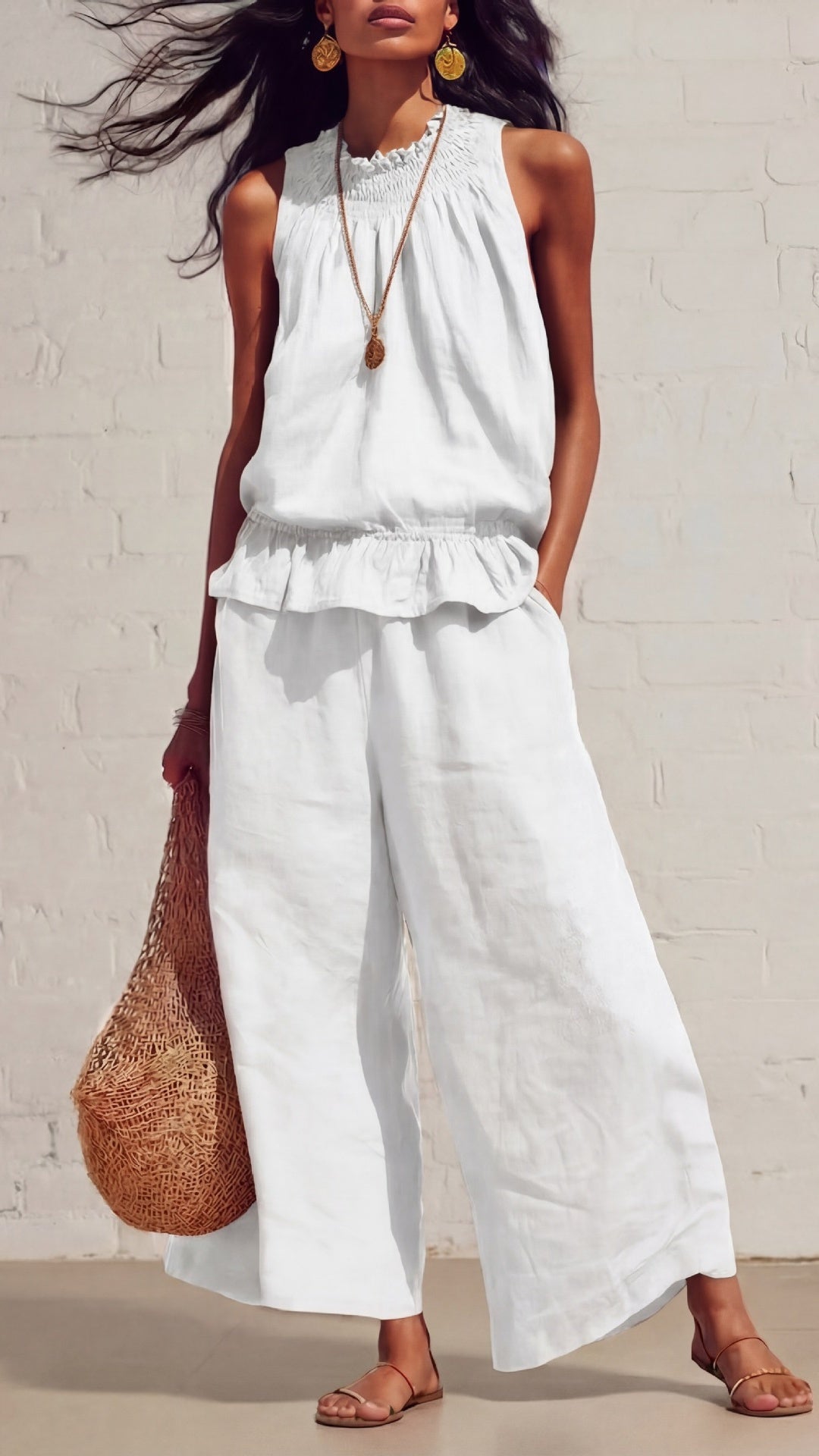 Women’s Vintage Bohemian Ruffled Cotton-Linen Two-Piece Set