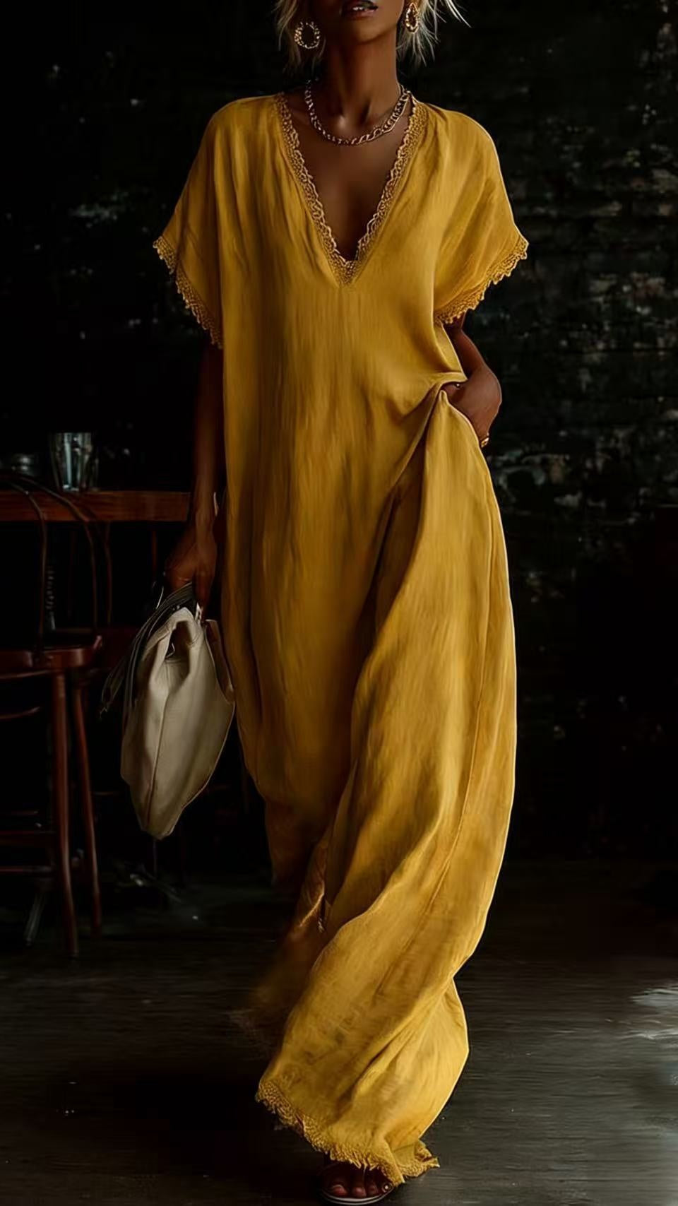 Women’s Lace-Trimmed V-Neck Loose-Fit Dress