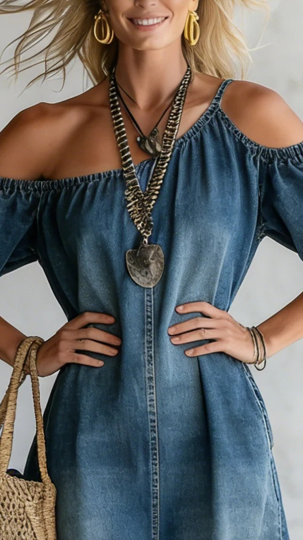 Women’s Loose-Fit, Elegant Off-Shoulder Denim Maxi Dress with Slit