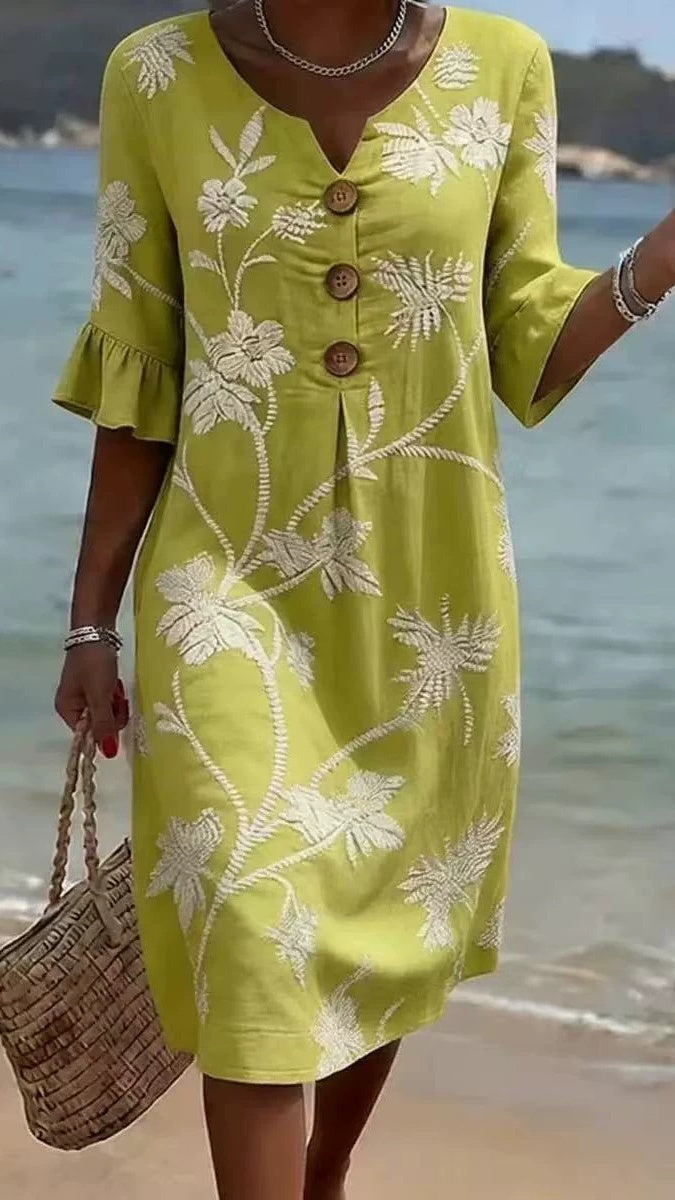 Women’s Vacation-Style V-Neck Printed Loose-Fit Dress with Mid-Length Sleeves