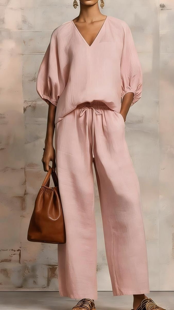 Women’s Minimalist Solid-Color Loose-Fit V-Neck Casual Two-Piece Set