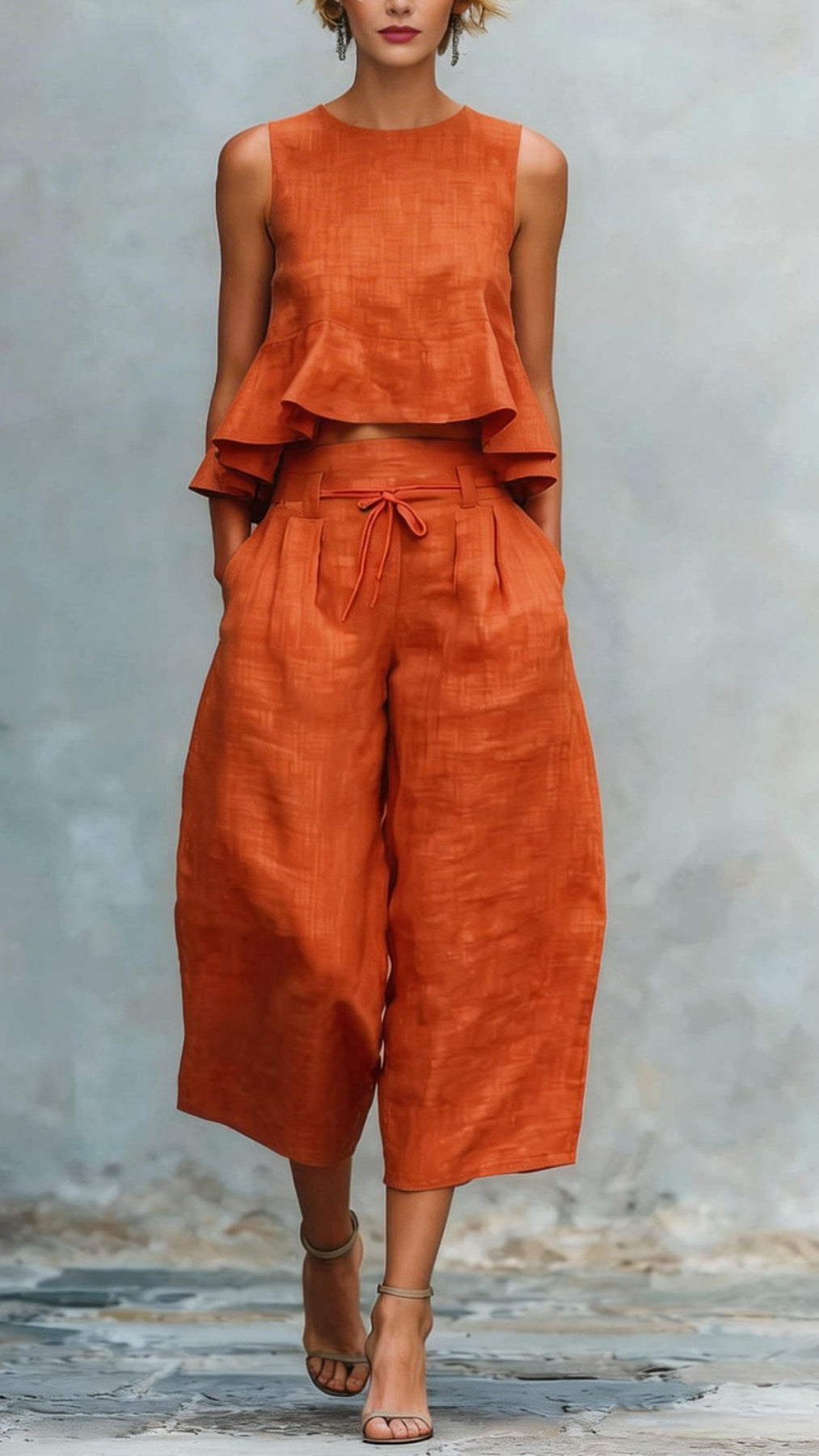Women’s two-piece linen blend set with ruffled trim.