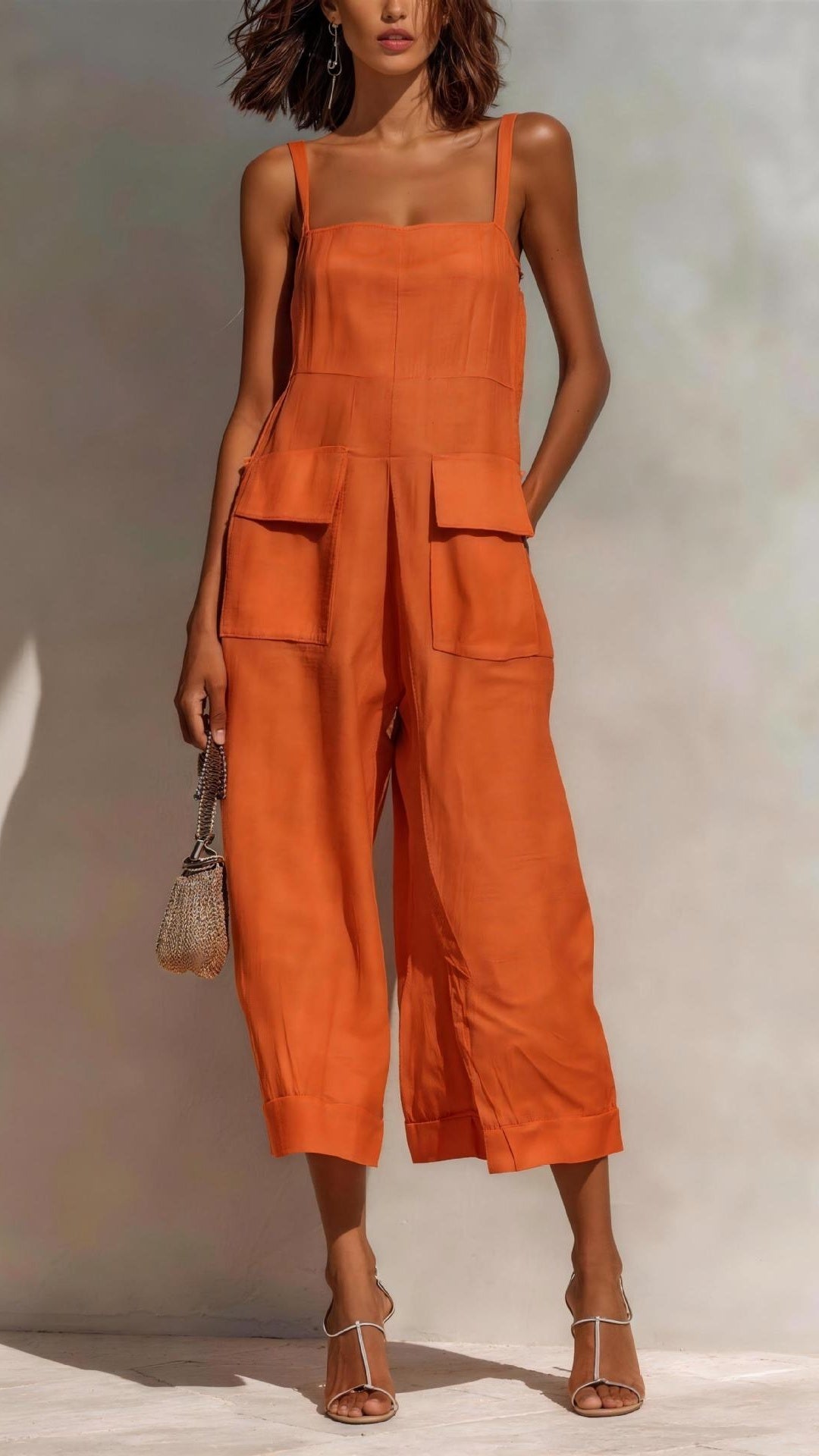 Women’s Elegant Sleeveless Cropped Jumpsuit — Loose Fit, Wide-Leg, Thin Straps, Patch Pockets