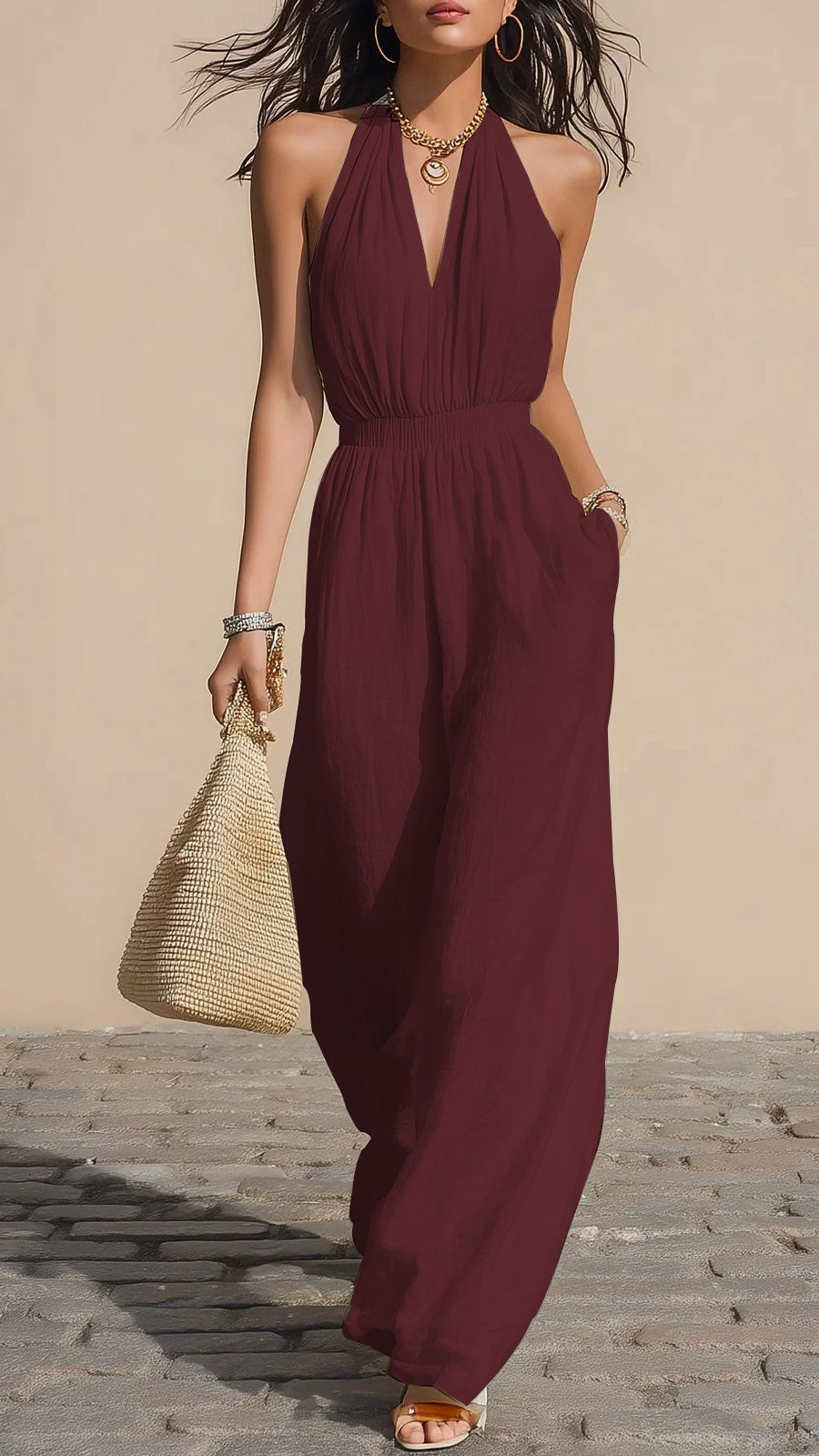 Women’s Halter-Neck V-Neck Slim-Fit Jumpsuit — Simple Solid-Color Wide-Leg Trousers