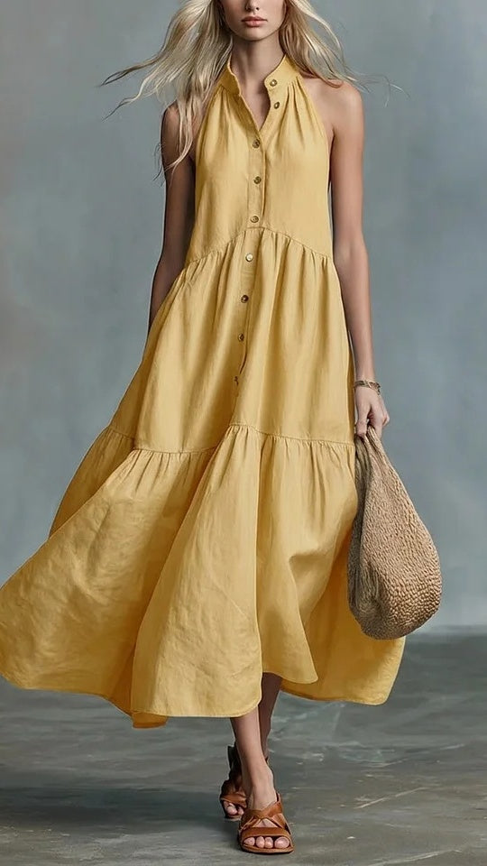 Women’s Sleeveless Casual Loose Linen Button-Down Vest Dress