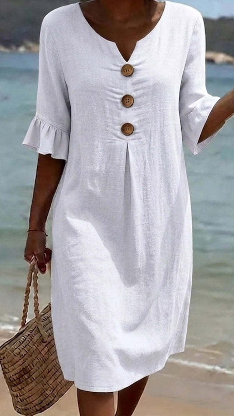 Women’s Cotton-Linen Dress with V-Neck, Large Buttons, and Ruffled Sleeves