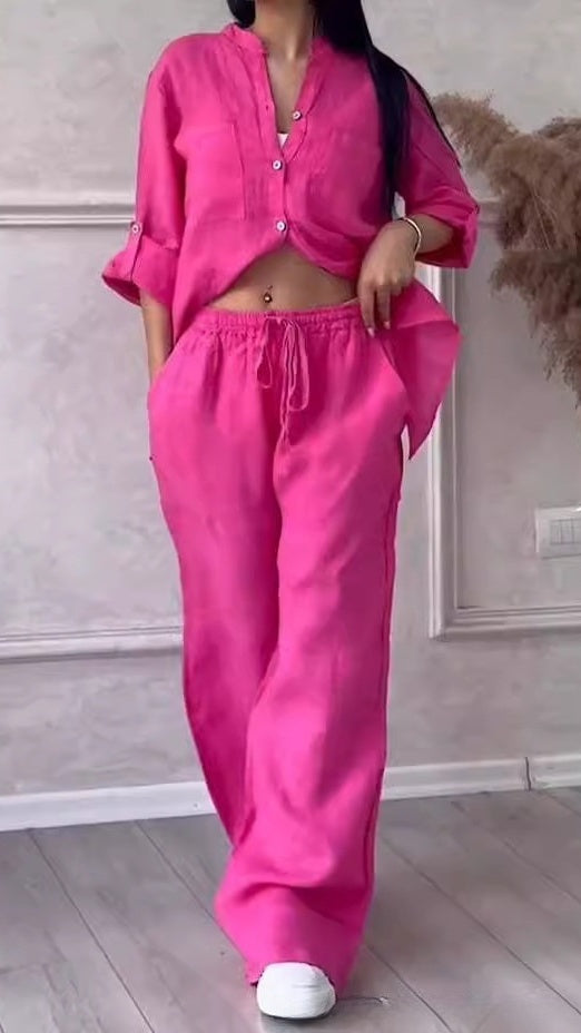 Women’s Casual Cotton-Linen Solid-Color Shirt & Drawstring Wide-Leg Pants Two-Piece Set
