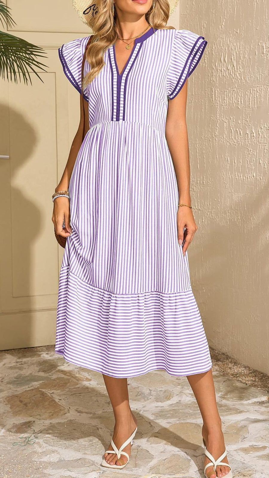 🔥Women’s Striped Short-Sleeve Dress with Double Ruffles and Contrast V-Neck