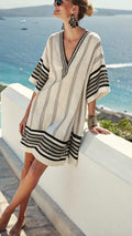 Women’s V-Neck Dress – Beach Vacation Style, Printed, Loose-Fit Midi Dress
