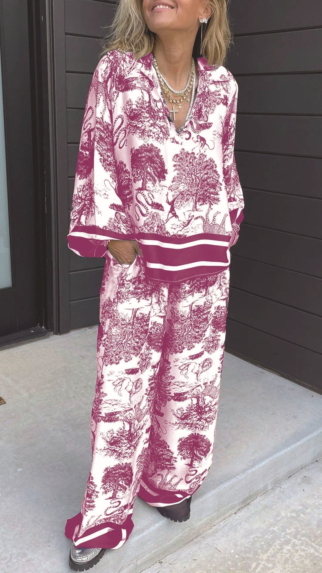 Women’s Casual V-Neck Printed Long-Sleeve Two-Piece Set with Pockets