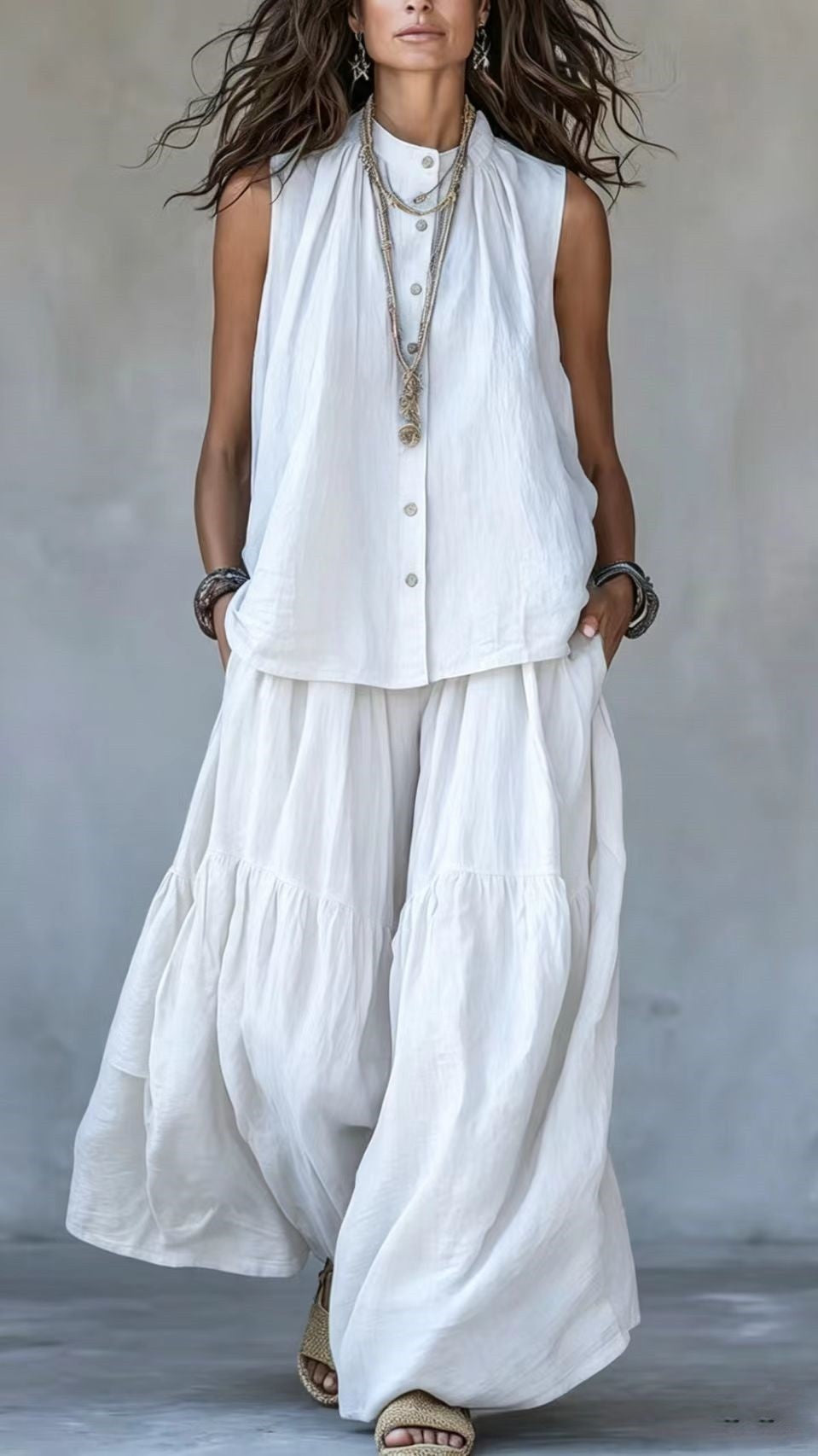 Women’s Two-Piece Set: Stand-Collar, Sleeveless Top with Front Placket & Wide-Leg Pants