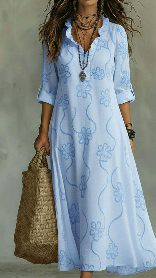 Women’s Vintage Floral A-Line Dress with Ruffled Collar