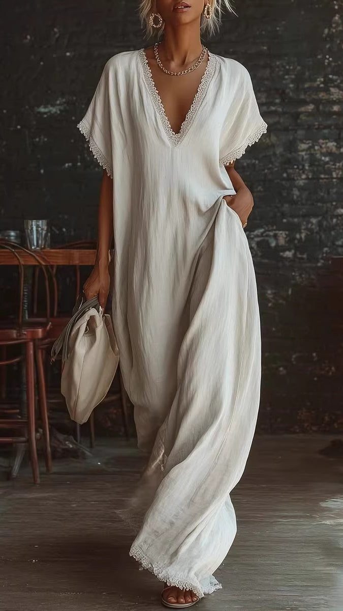 Women’s Lace-Trimmed V-Neck Loose-Fit Dress
