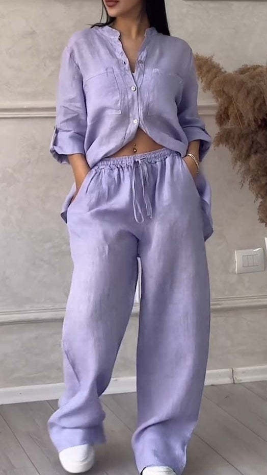 Women’s Casual Cotton-Linen Solid-Color Shirt & Drawstring Wide-Leg Pants Two-Piece Set