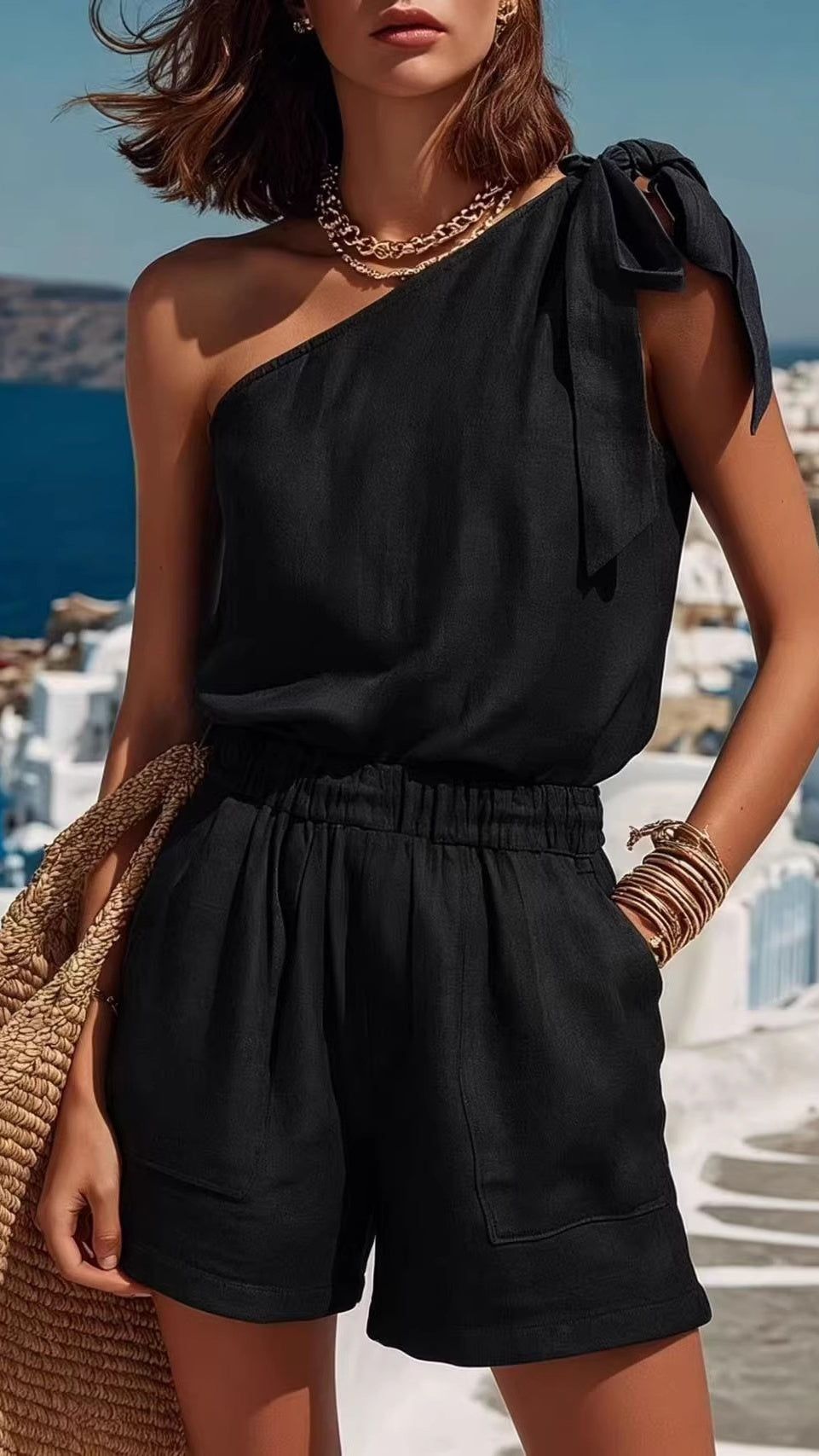 Women’s Fashionable & Casual Slim-Fit Vacation-Style One-Shoulder Top Two-Piece Set