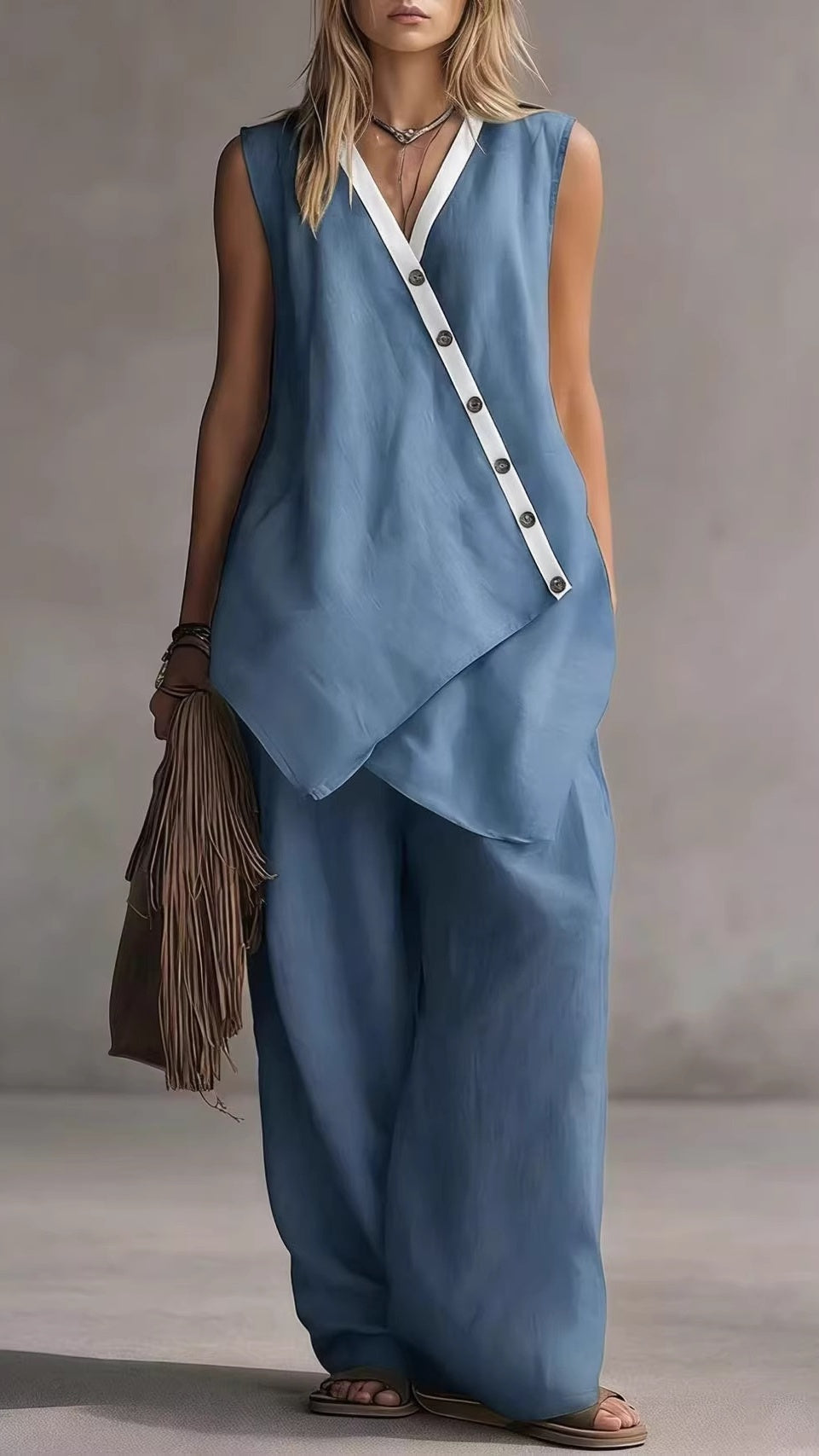 Women’s V-Neck Sleeveless Wide-Leg Pants Two-Piece Set with Asymmetrical Buttons