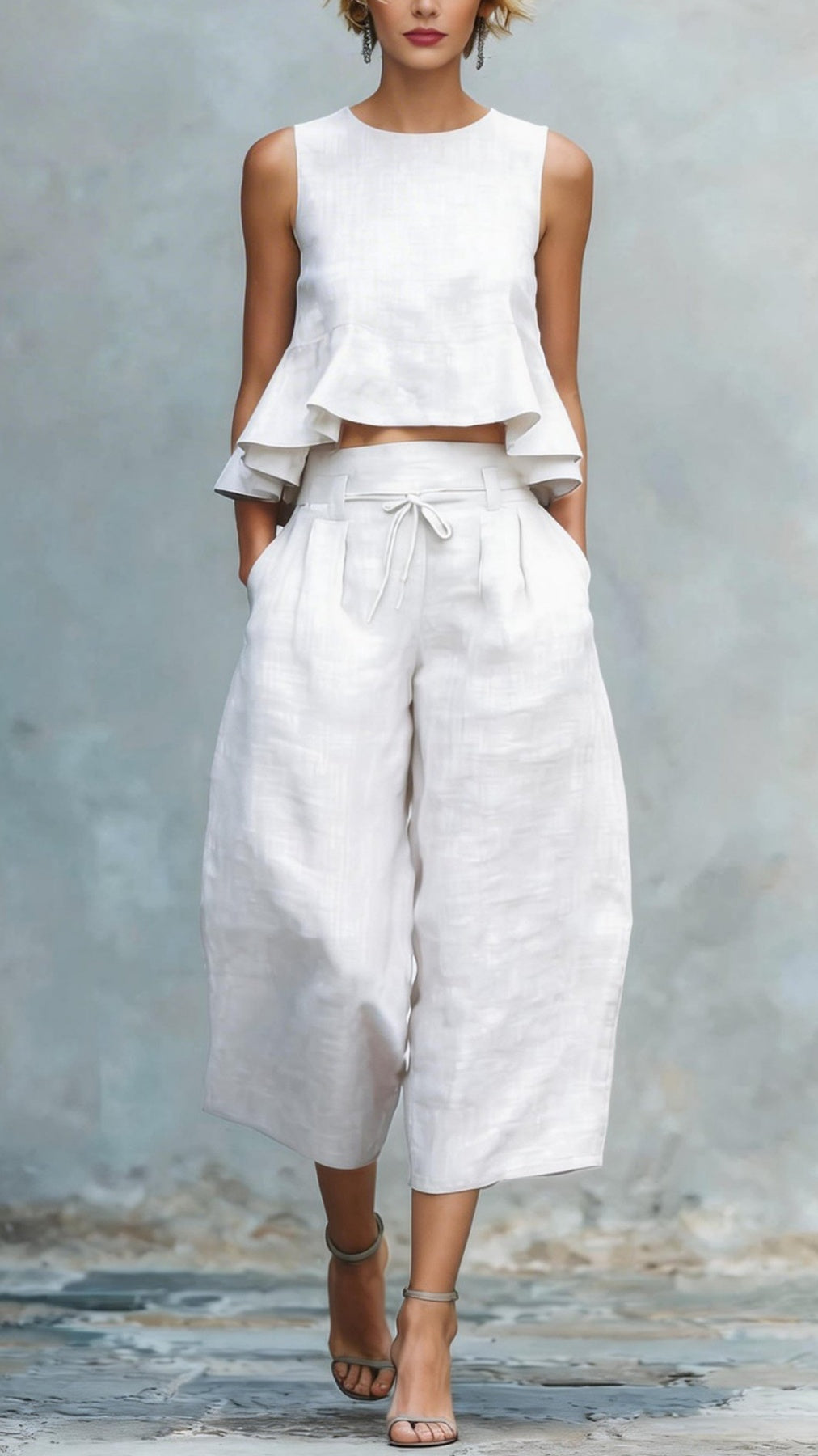 Women’s two-piece linen blend set with ruffled trim.