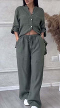 Women’s Casual Cotton-Linen Solid-Color Shirt & Drawstring Wide-Leg Pants Two-Piece Set