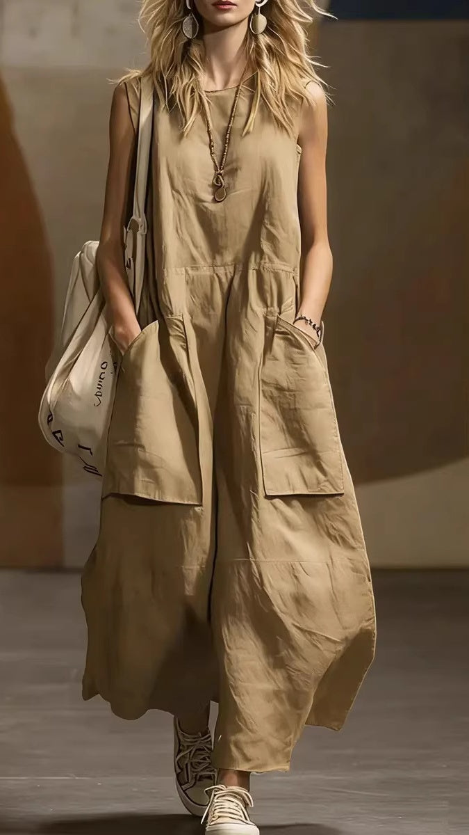 Women’s Loose-Fit, Simple, Sleeveless Cotton-Linen Dress with Pockets