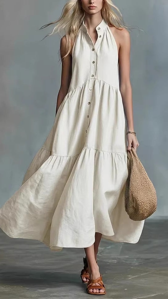 Women’s Sleeveless Casual Loose Linen Button-Down Vest Dress