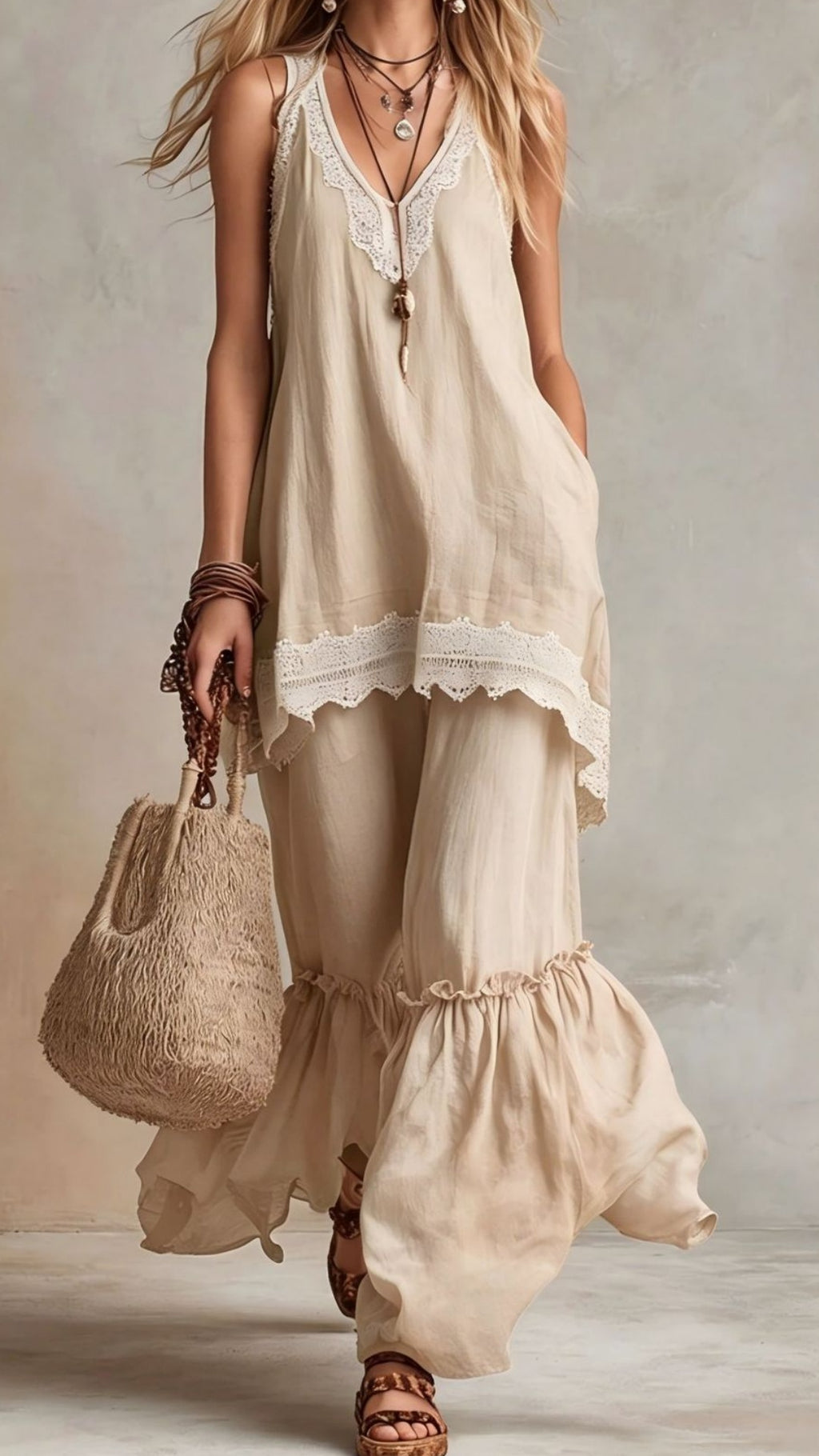 Women’s Bohemian-Style Vacation Dress with Lace Straps