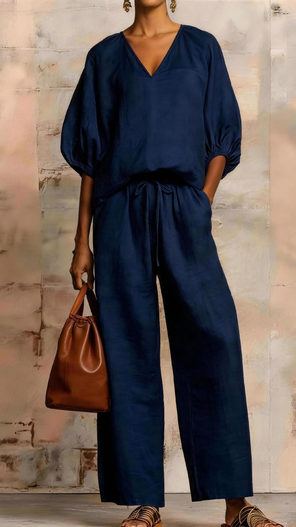 Women’s Minimalist Solid-Color Loose-Fit V-Neck Casual Two-Piece Set