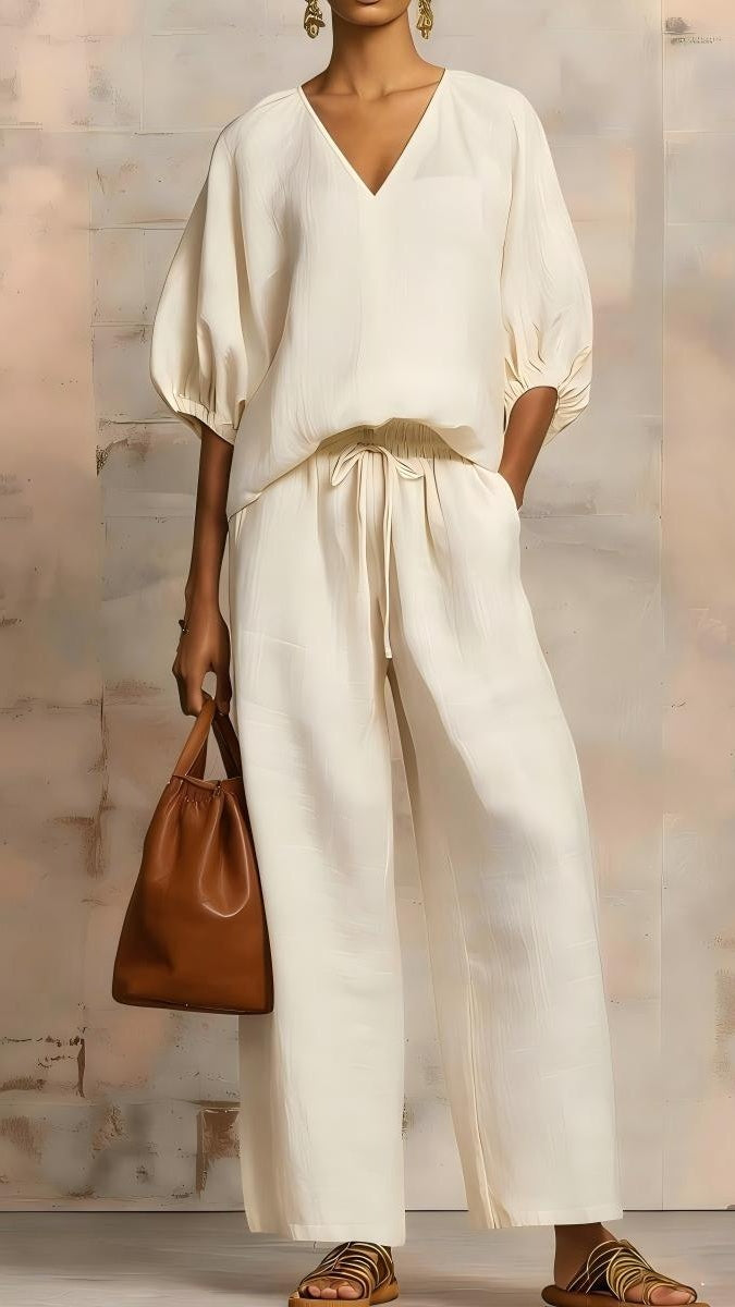 Women’s Minimalist Solid-Color Loose-Fit V-Neck Casual Two-Piece Set