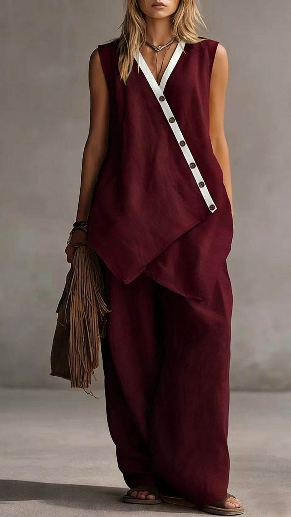 Women’s V-Neck Sleeveless Wide-Leg Pants Two-Piece Set with Asymmetrical Buttons