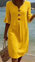 Women’s Cotton-Linen Dress with V-Neck, Large Buttons, and Ruffled Sleeves