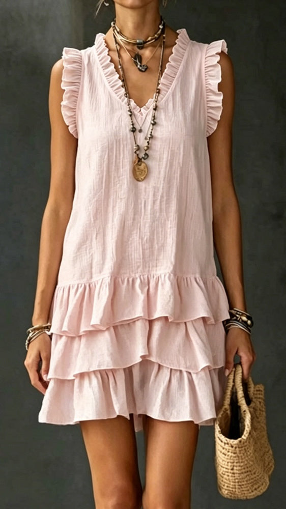 Women’s Casual V-Neck Ruffle-Trim Tiered Dress — Sleeveless Tank Dress