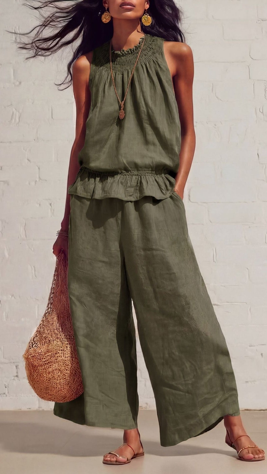 Women’s Vintage Bohemian Ruffled Cotton-Linen Two-Piece Set