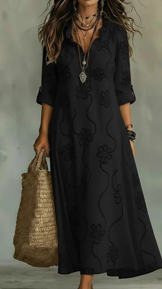 Women’s Vintage Floral A-Line Dress with Ruffled Collar