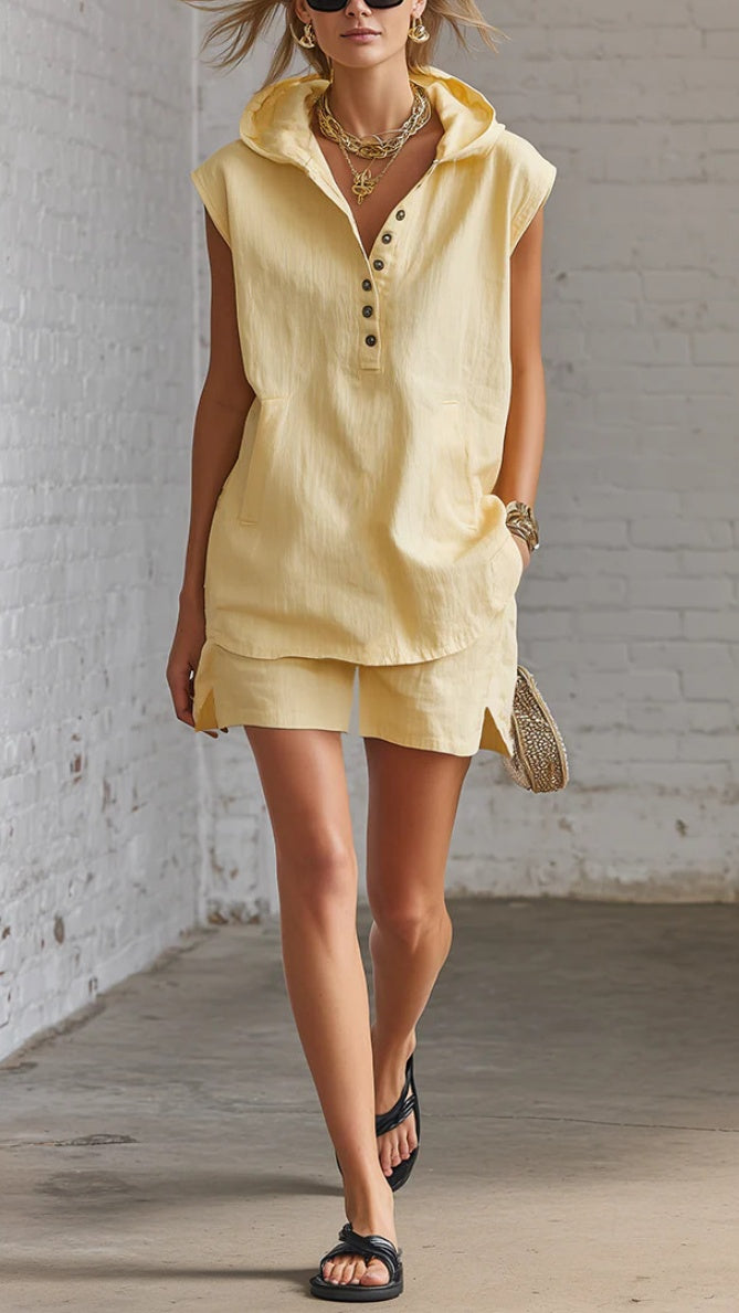 Women’s Casual Two-Piece Set: Sleeveless Cropped Hoodie & Shorts