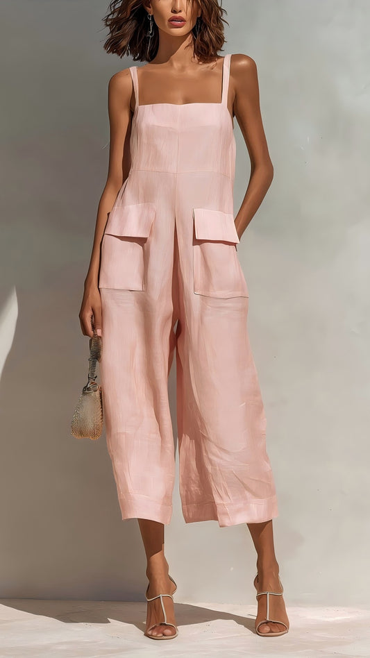 Women’s Elegant Sleeveless Cropped Jumpsuit — Loose Fit, Wide-Leg, Thin Straps, Patch Pockets