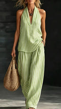 Women’s Striped Cotton-Linen Set: Wide-Leg Pants & Halter Top