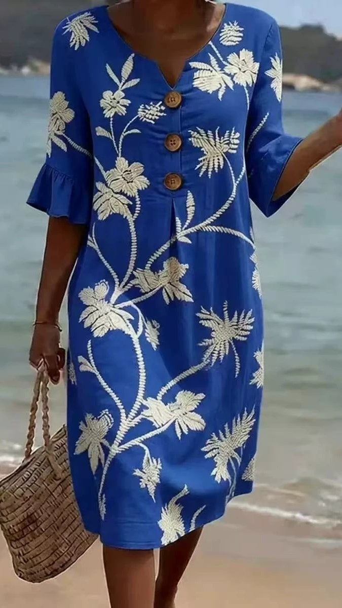 Women’s Vacation-Style V-Neck Printed Loose-Fit Dress with Mid-Length Sleeves