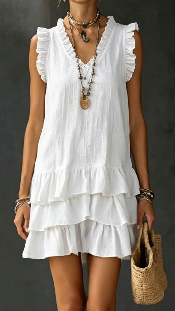 Women’s Casual V-Neck Ruffle-Trim Tiered Dress — Sleeveless Tank Dress