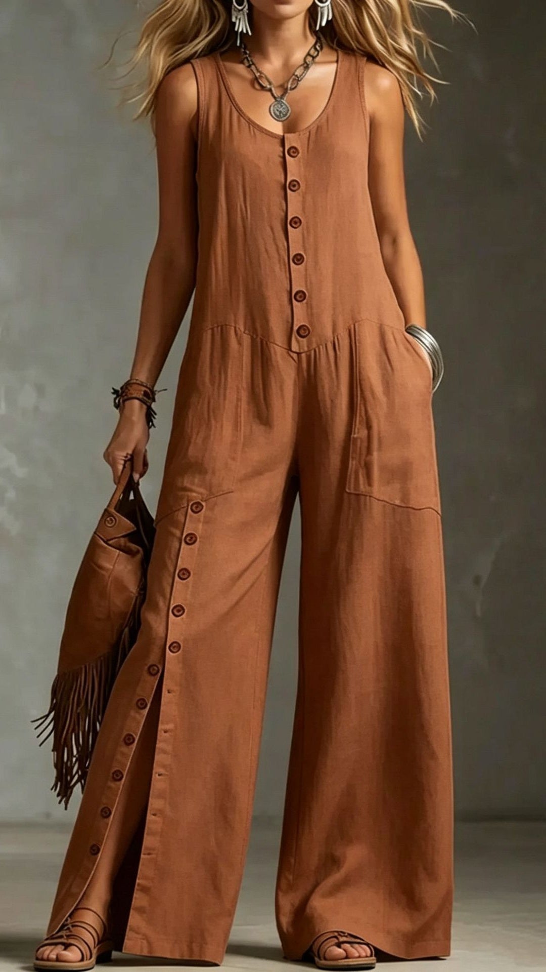 Women’s Sleeveless Linen Jumpsuit with Button Pockets