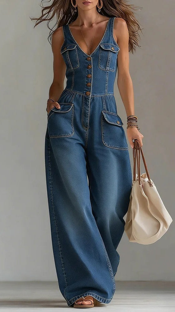 🔥Women’s Washed Denim Loose-Fit Sleeveless Jumpsuit with Straps