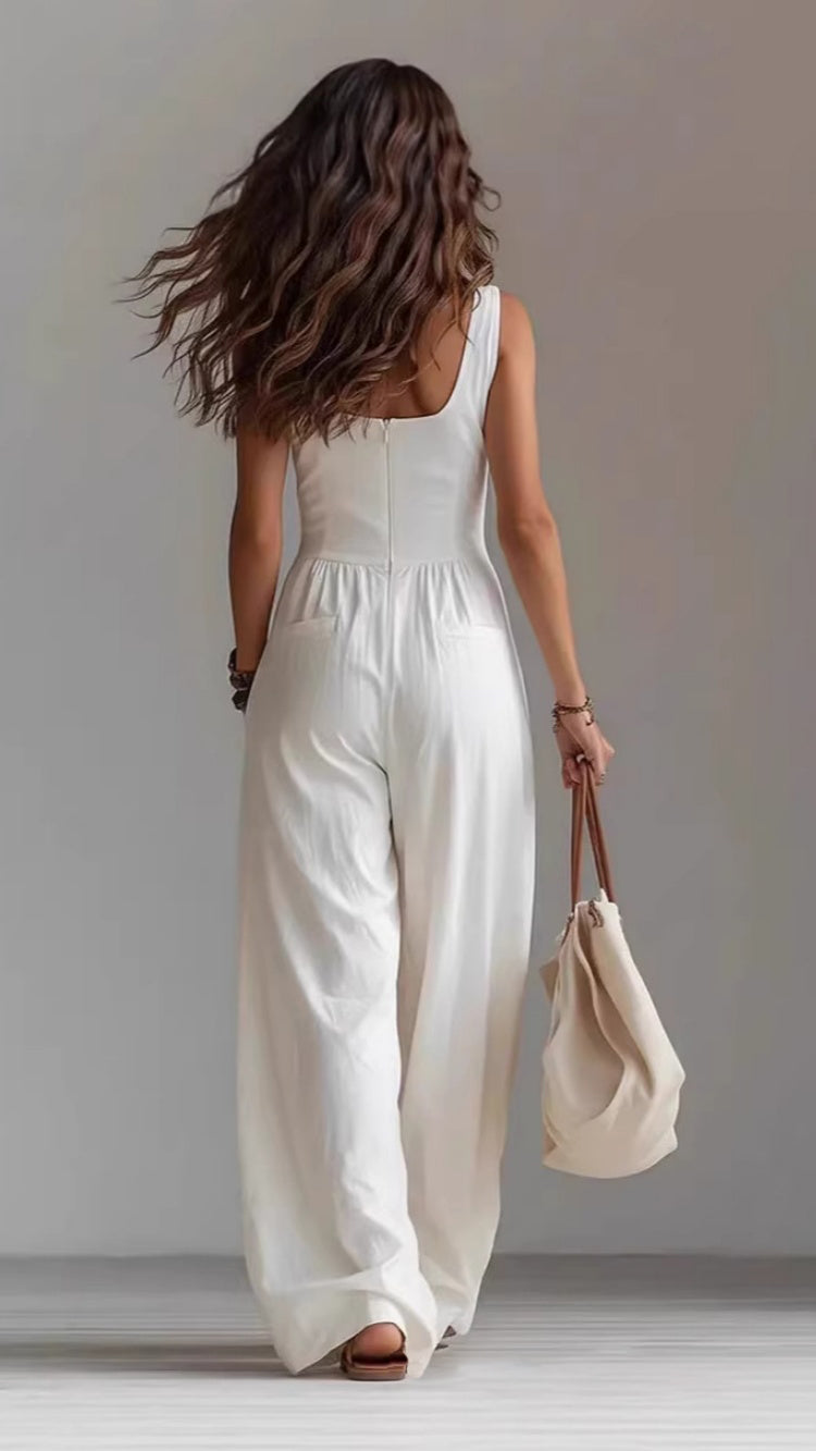 Women’s Solid-Color Loose-Fit Casual Jumpsuit with Buttons and Side Pockets